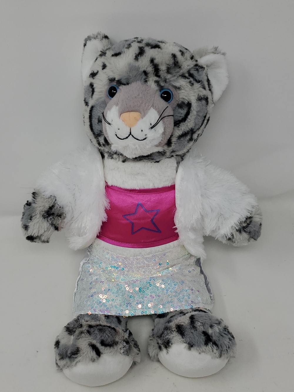 Build-A-Bear Gray and White Leopard Plush with Pink Top and Sequin Skirt